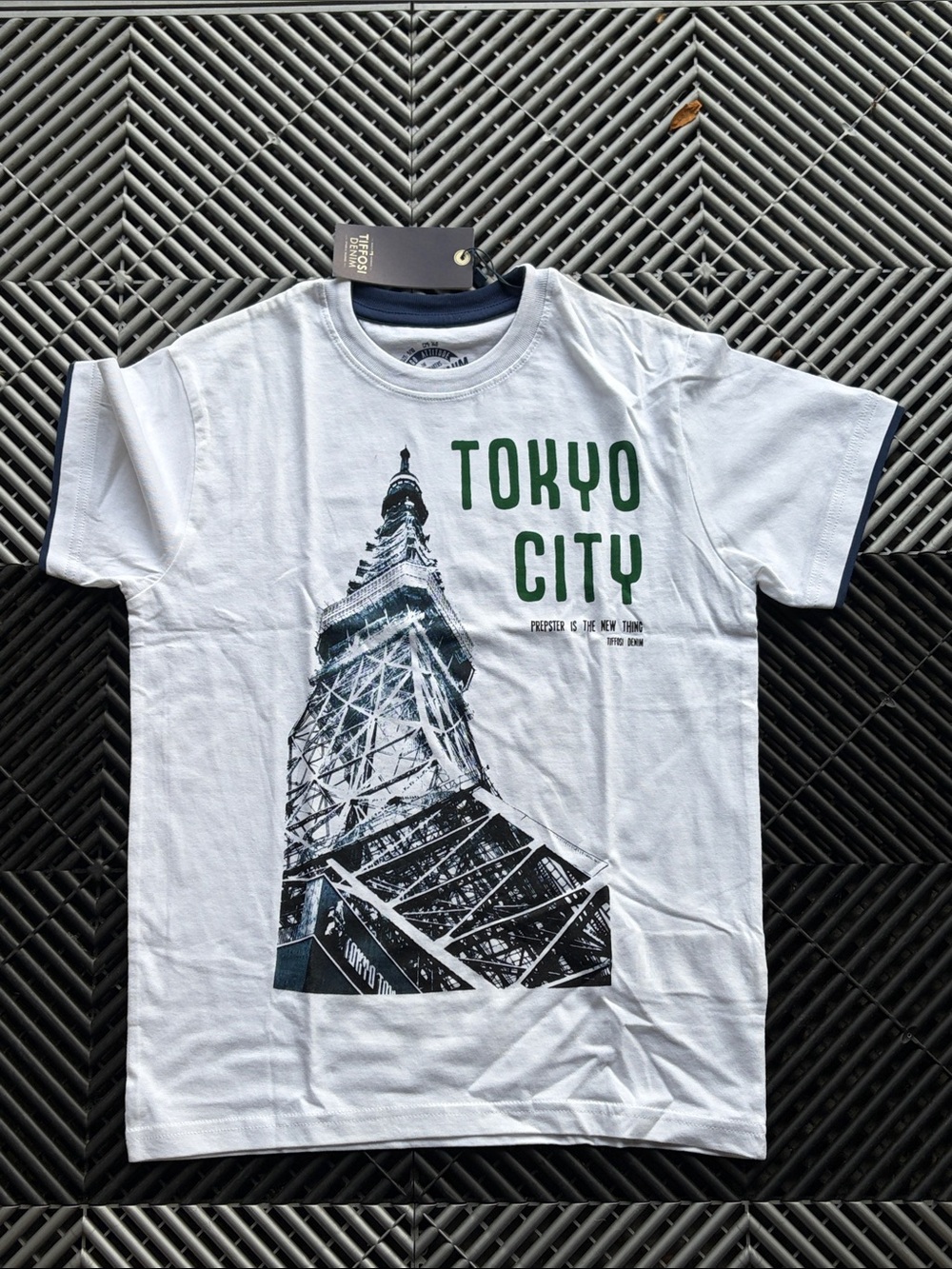 Men's White Tokyo City Graphic Tee with Green Print and Navy Trim